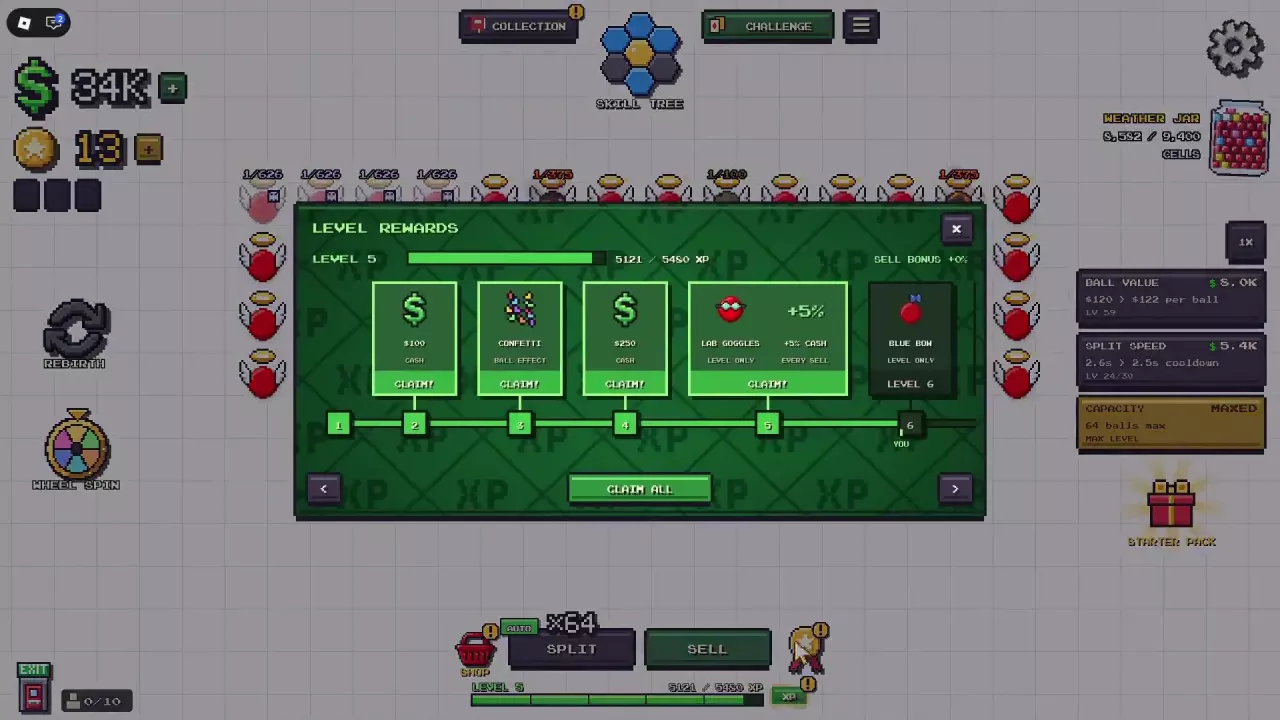 Level Rewards menu showing Confetti at level 3 with its CLAIM button and CLAIM ALL below.