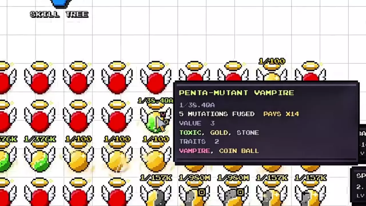 Penta-Mutant Vampire tooltip showing three VALUE mutations, two TRAITS, and PAYS &times;14.