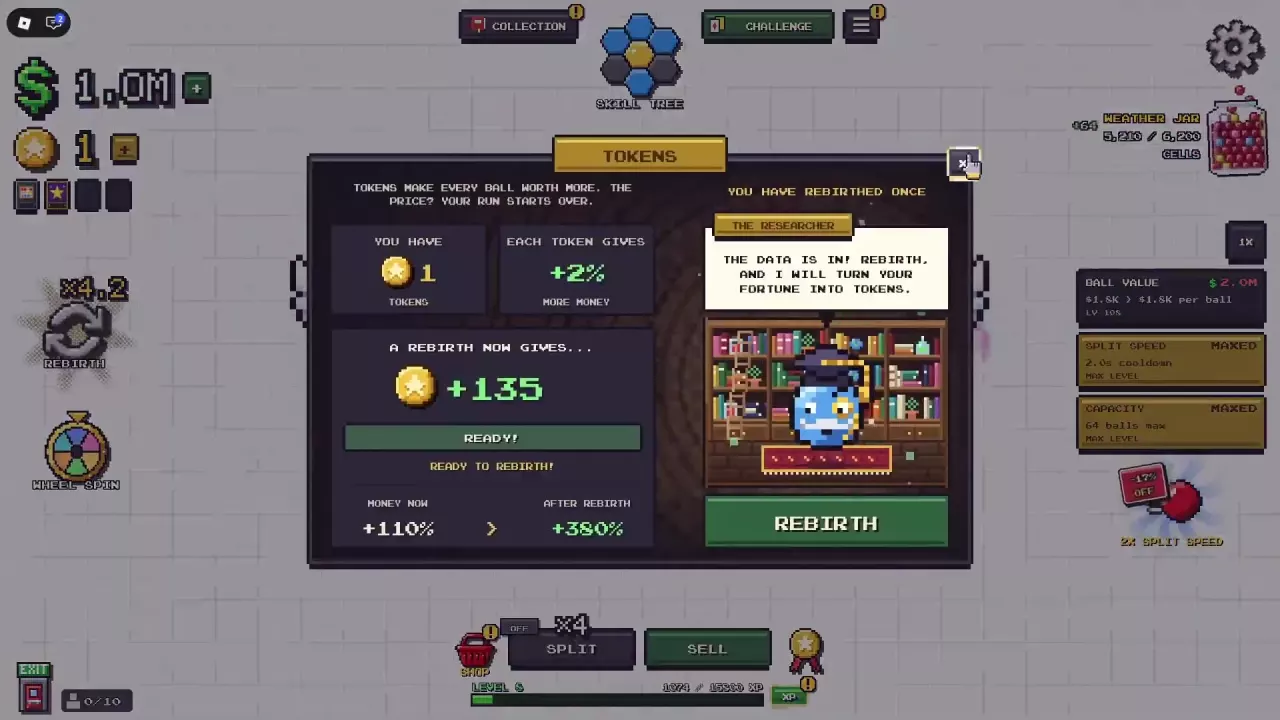 Rebirth TOKENS panel showing READY, a 135-Token offer, and a money bonus changing from +110% to +380%.