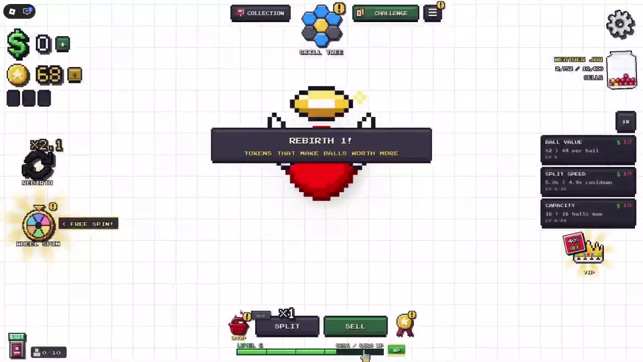 FREE SPIN prompt beside the left-side wheel after the first rebirth.