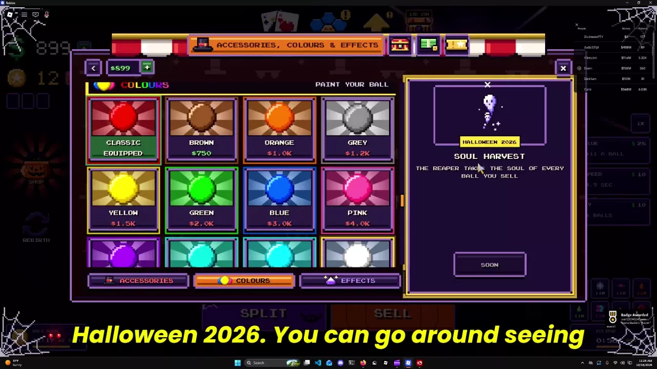 Mitosis Colours tab with the Paint Your Ball heading and cash-priced color cards.