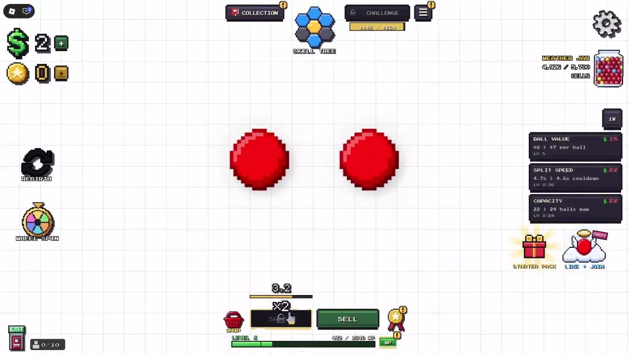 Two red cells above SPLIT and SELL, with the three cash upgrades on the right.