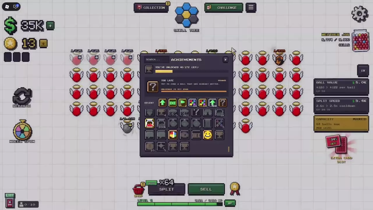 Achievements menu with SEARCH, RECENT, the icon grid, and the unlocked Too Late requirement.