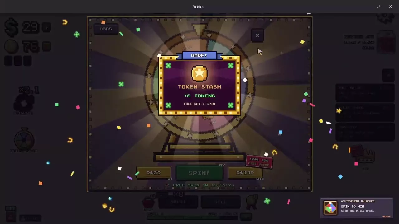 Rare Token Stash result awarding 8 Tokens from a free daily spin.