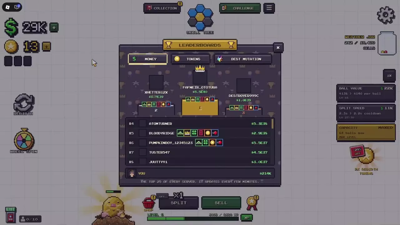 Mitosis Leaderboards panel with Money, Tokens and Best Mutation tabs, a top-three podium, and a separate YOU row.