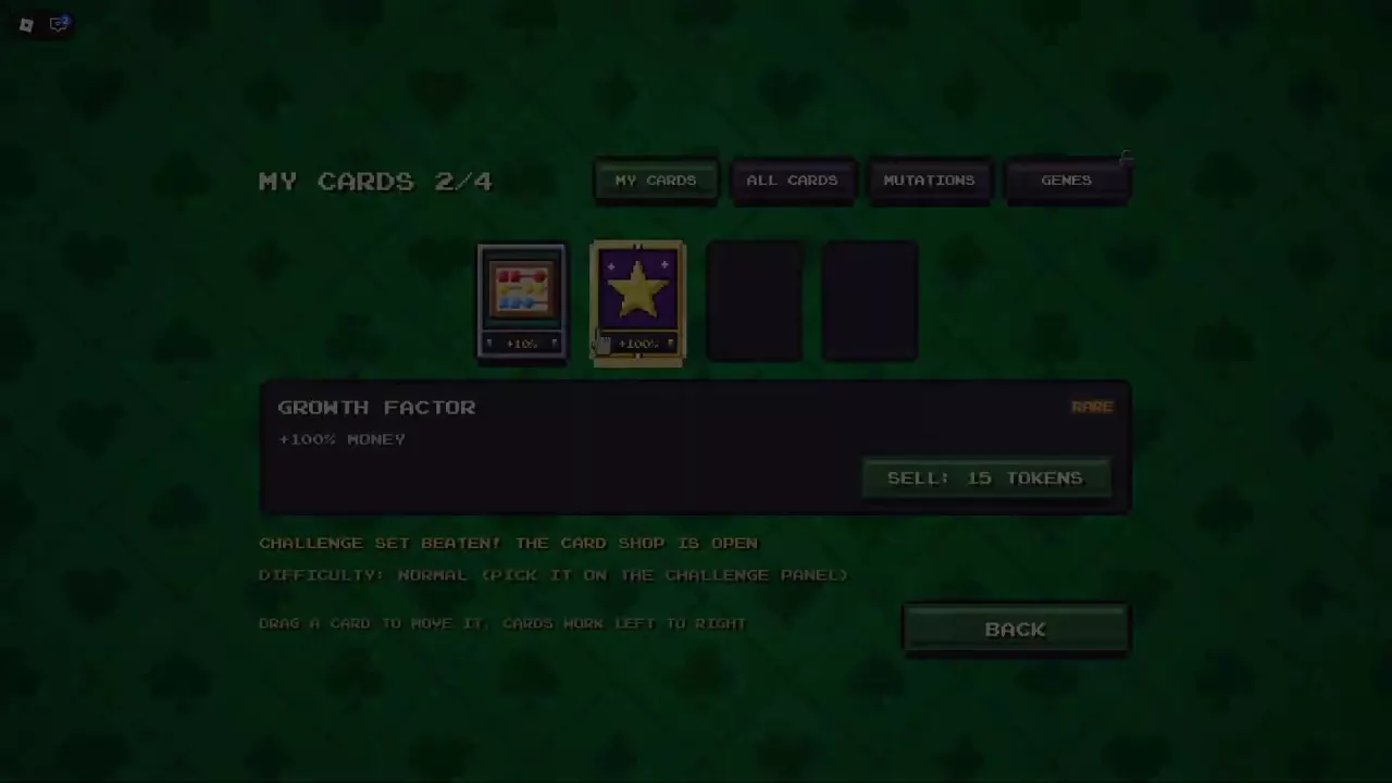Growth Factor details in My Cards showing Rare rarity, +100% MONEY and a 15-Token SELL option.