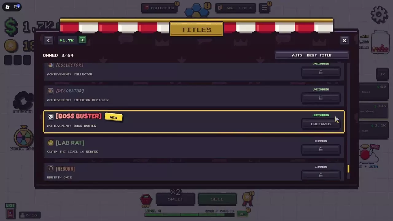 Mitosis Titles menu with Boss Buster equipped, locked title requirements, and AUTO: BEST TITLE above the list.
