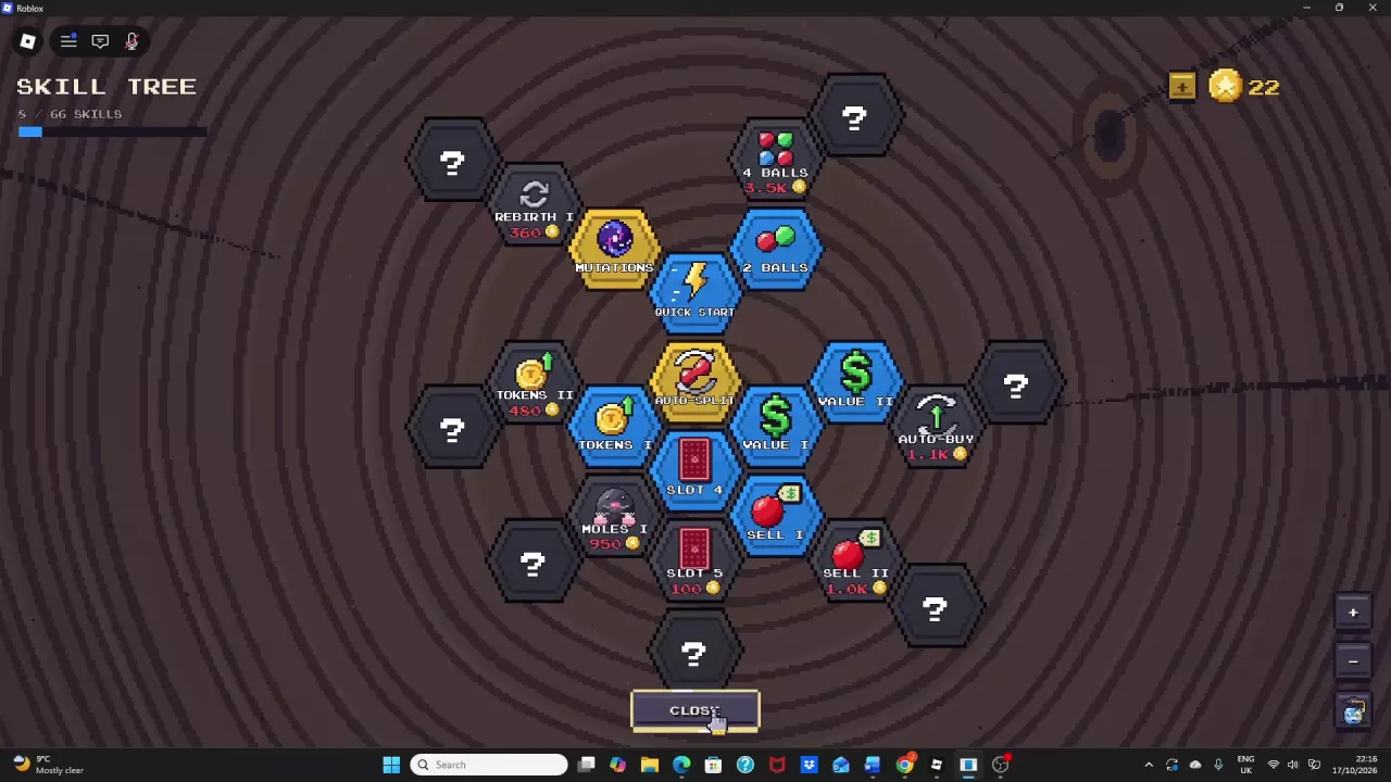 Mitosis Skill Tree with revealed token, card-slot, mutation, and starting-ball branches.
