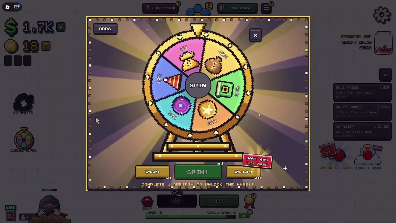 Wheel Spin panel showing the requirement to complete one rebirth.