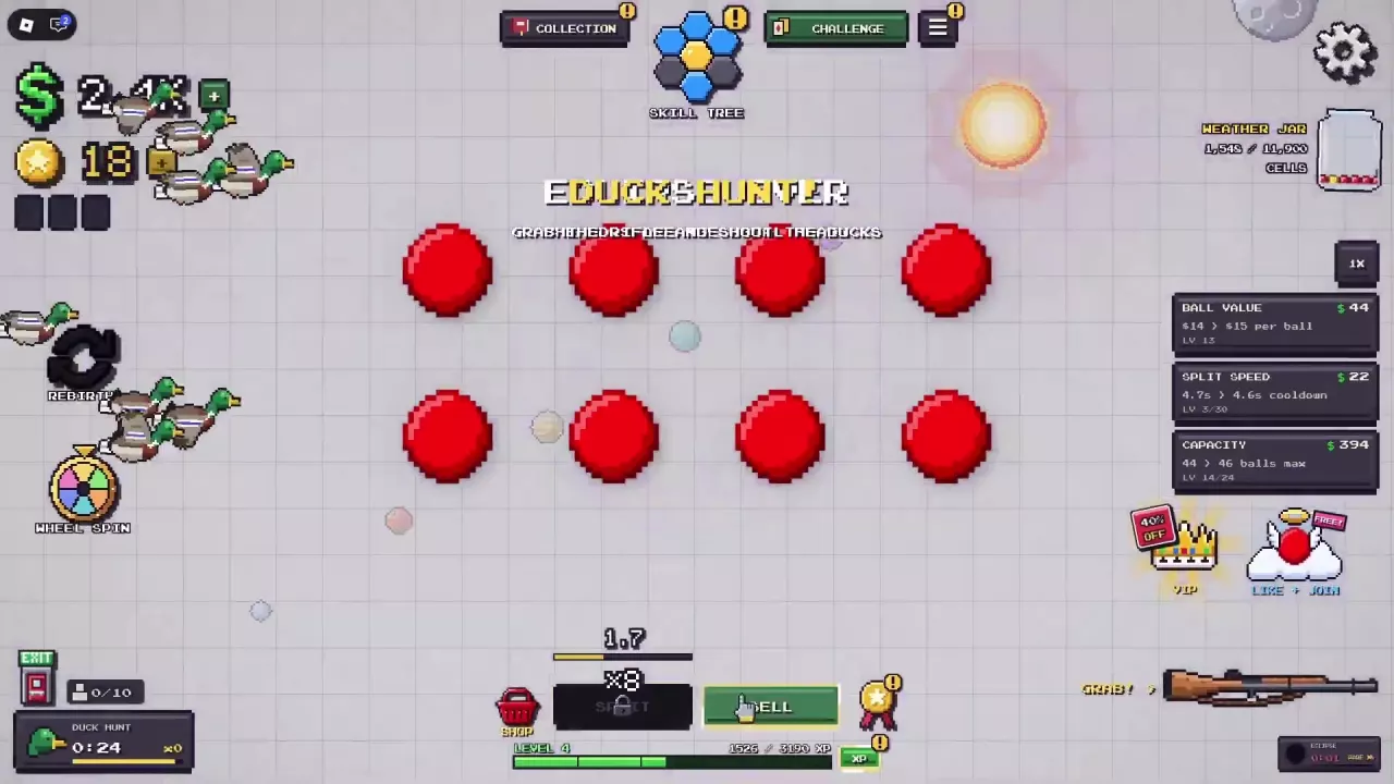 Duck Hunt with flying ducks and a GRAB! prompt beside the gun at the bottom right.