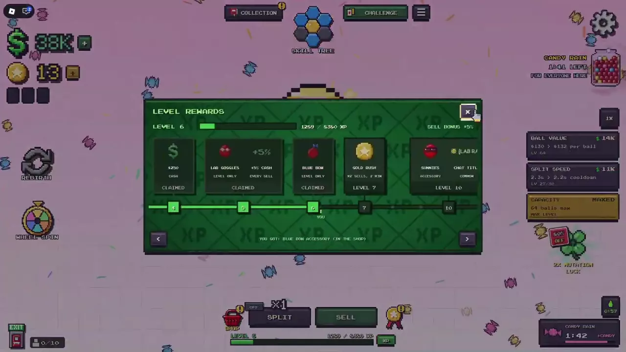 Level Rewards showing Lab Goggles and Blue Bow claimed, Sunnies at level 10, and the Blue Bow Shop message.