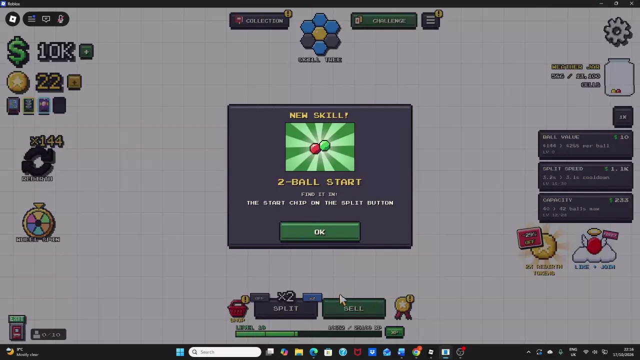 2-Ball Start unlock message pointing to the start chip on SPLIT.