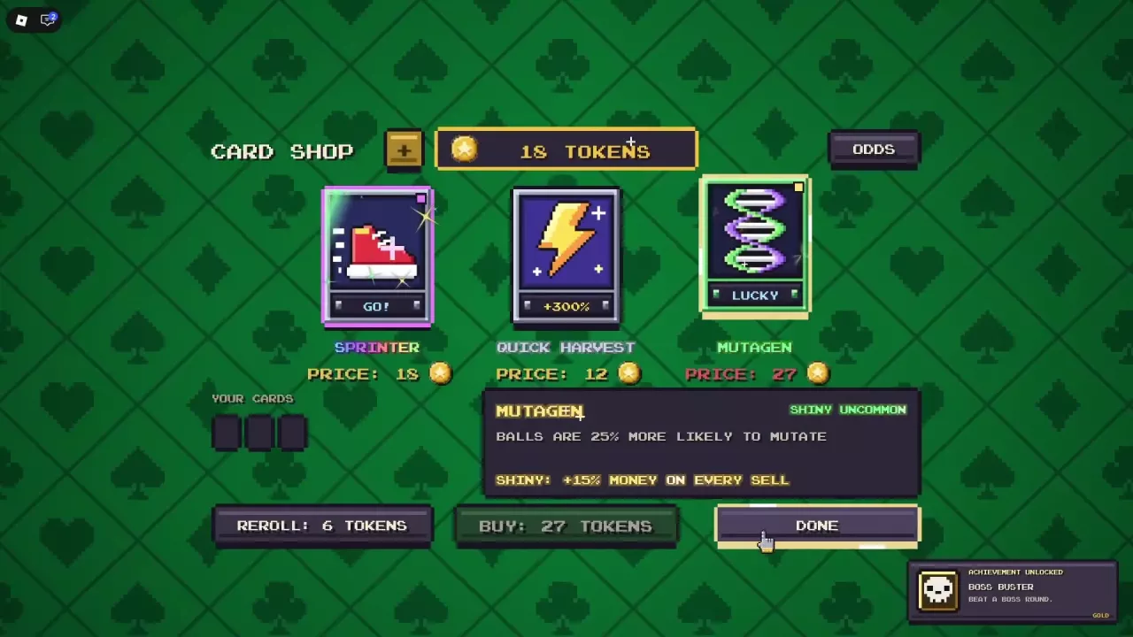 Shiny Mutagen details showing 25% increased mutation likelihood and 15% extra money on every sale.